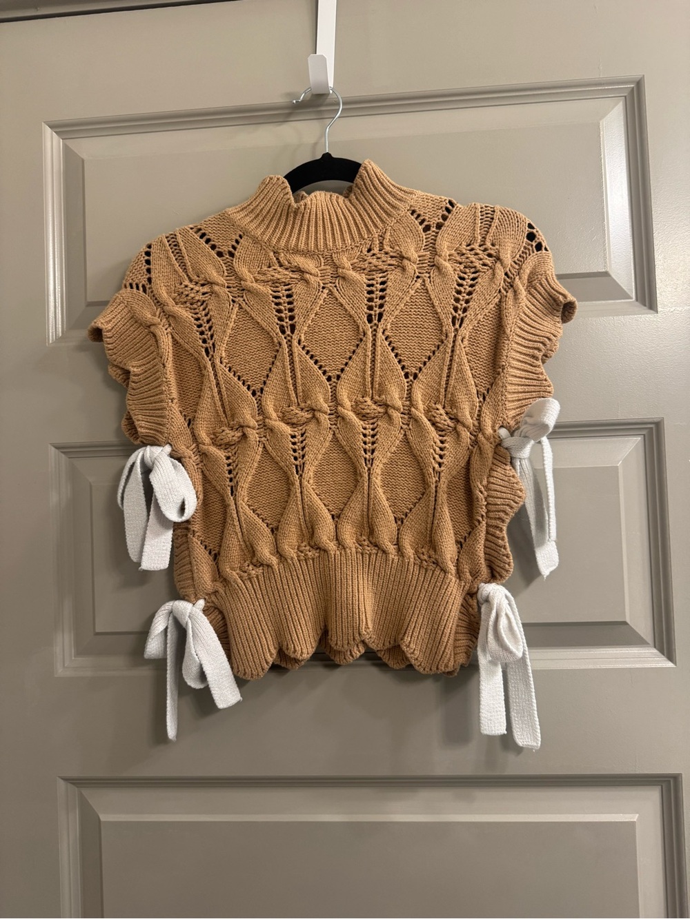 Open Cable Knit Short-Sleeve Turtleneck Sweater in Camel with White Ties